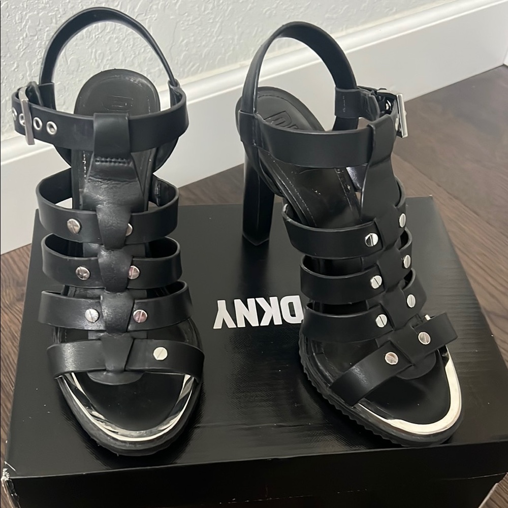 DKNY Black Strappy Heels with Studded Detail